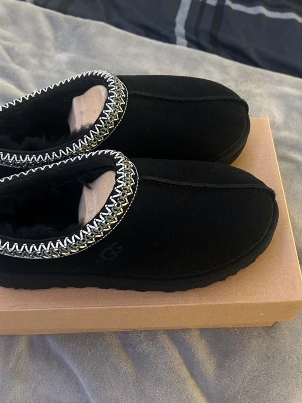 UGG Tasman Black Slip-On Slippers with Silver Chain Trim